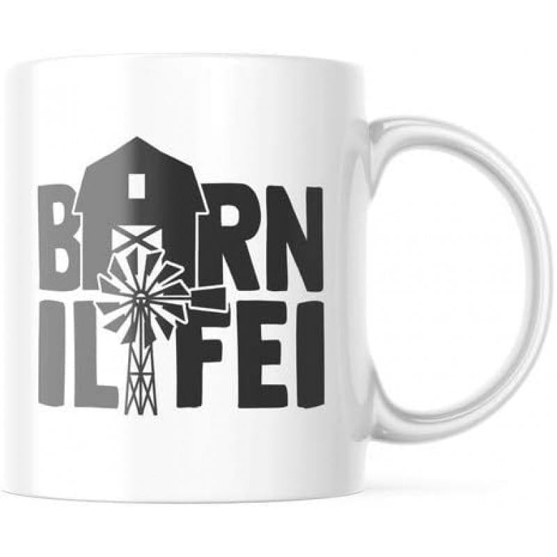 Tailorly White Ceramic 11 oz Mug - Barn Life Rustic Countryside Silhouette Featuring A Traditional Farmhouse And Rotating Windmill