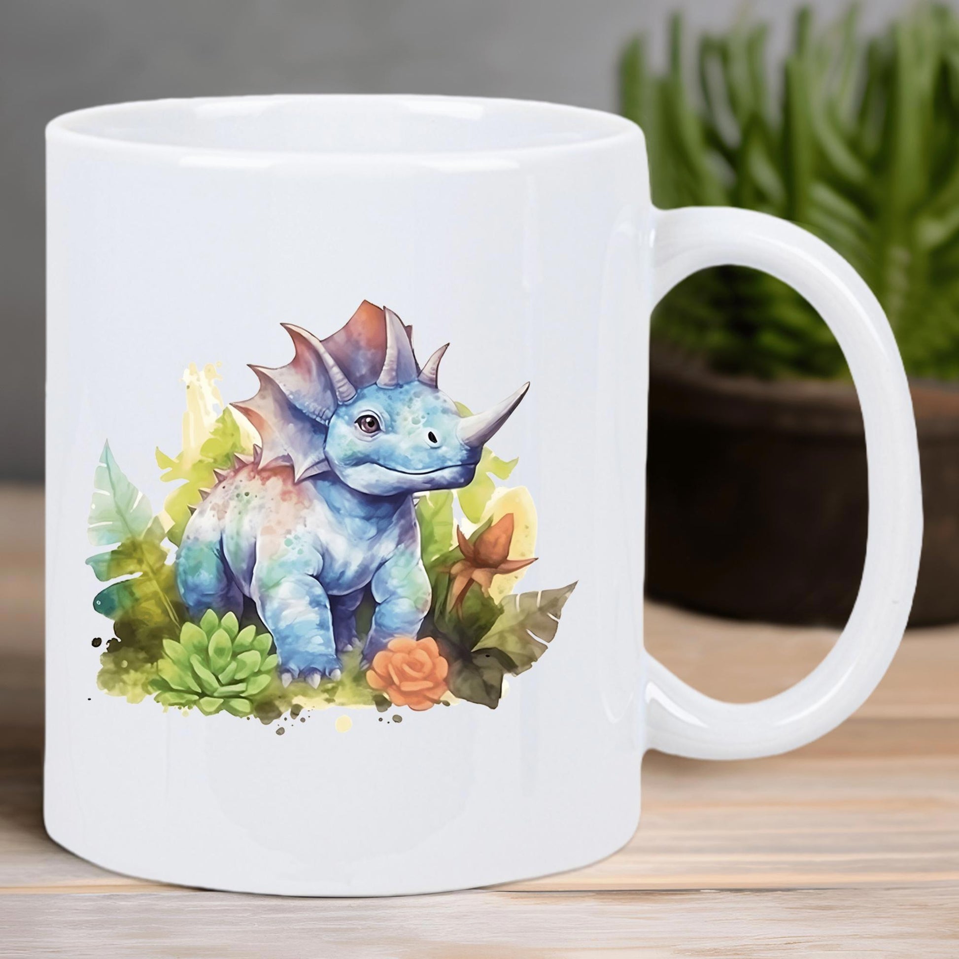 Tailorly White Ceramic 11 oz Mug - Cute Watercolor Blue Baby Dinosaur Among Vibrant Garden Greenery And Succulents Triceratops