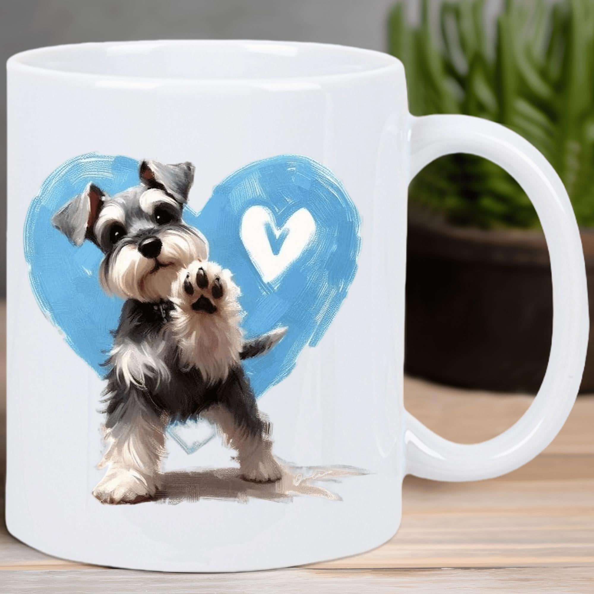 Tailorly White Ceramic 11 oz Mug - Cute Miniature Schnauzer Lifting Paw Against A Hand Painted Blue Heart Schnauzer