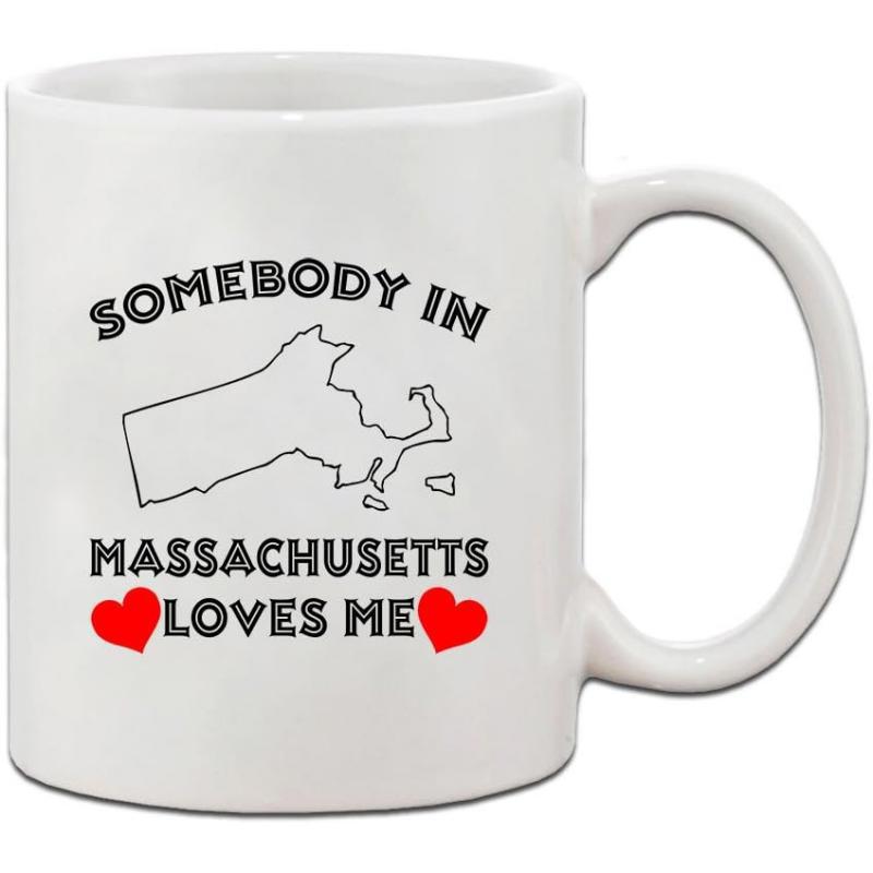 Tailorly White Ceramic 11 oz Mug - Somebody In Massachusetts Loves Me Minimalist State Outline Map With Vibrant Red Hearts Design Mug