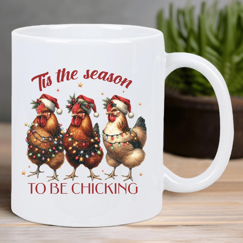 Tailorly White Ceramic 11 oz Mug - Tis The Season To Be Chicking Three Festive Chickens Wearing Santa Hats Wrapped In Sparkling Christmas Lights Chicken