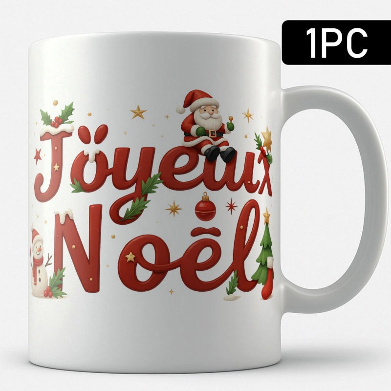 Tailorly White Ceramic 11 oz Mug - Festive Cartoon Santa Claus Sitting On Text With Snowman Ornament Mug