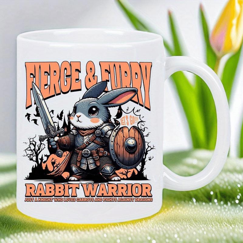 Tailorly White Ceramic 11 oz Mug - Fierce Furry Rabbit Warrior Brave Knight Holding Sword And Shield Standing In Forest Rabbit