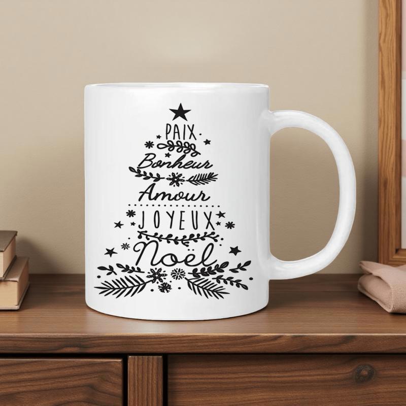 Tailorly White Ceramic 11 oz Mug - Festive Holiday Elements Formed Into A Stylized Minimalist Graphic Christmas Tree