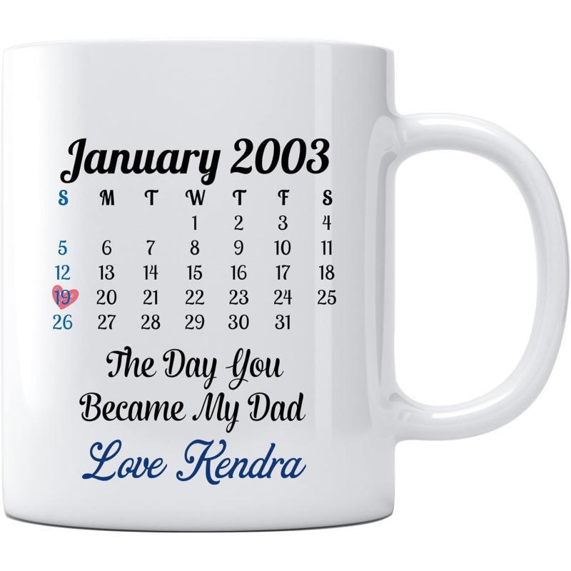 Tailorly White Ceramic 11 oz Mug - January 2003 The Day You Became My Dad Love Kendra Minimalist Calendar Design Featuring Small Pink Heart Marking A Special Day
