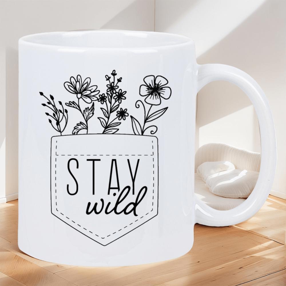 Tailorly White Ceramic 11 oz Mug - Stay Wild Minimalist Hand Drawn Wildflowers Blooming Inside A Simple Stitched Style Pocket