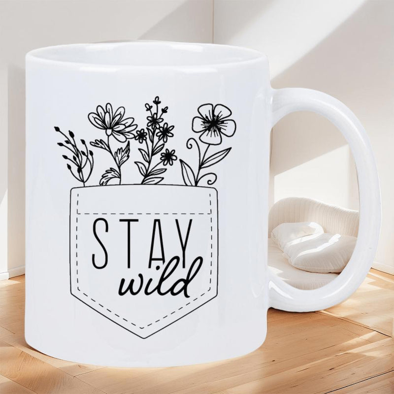 Tailorly White Ceramic 11 oz Mug - Stay Wild Minimalist Hand Drawn Wildflowers Blooming Inside A Simple Stitched Style Pocket