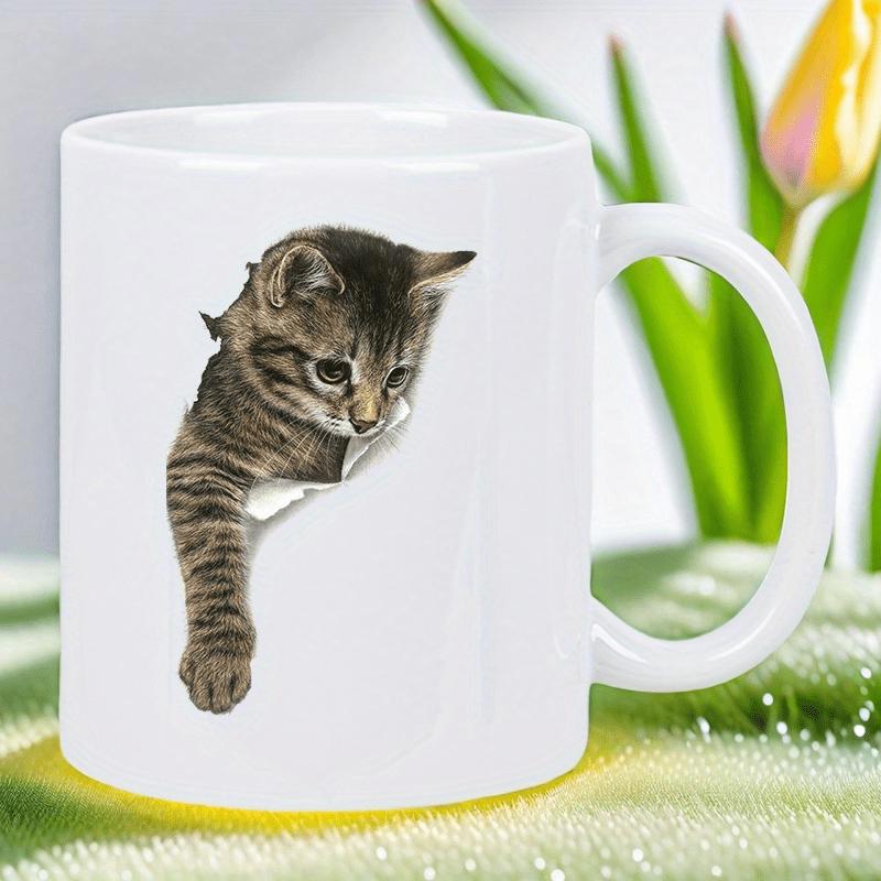Tailorly White Ceramic 11 oz Mug - Playful Curious Grey Tabby Peeking Out From A Ripped Paper Effect Kitten