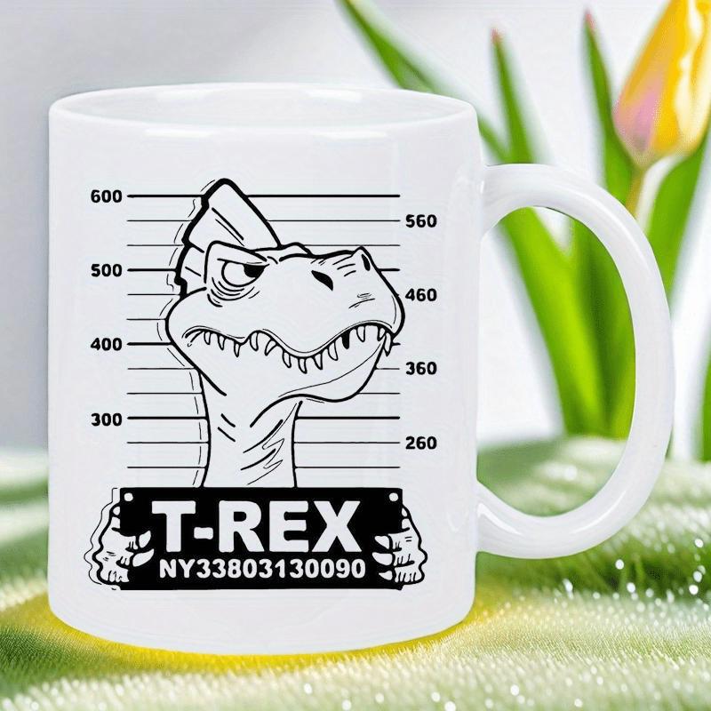 Tailorly White Ceramic 11 oz Mug - T Rex Funny Cartoon Mugshot Pattern With Height Chart And Plaque Dinosaur