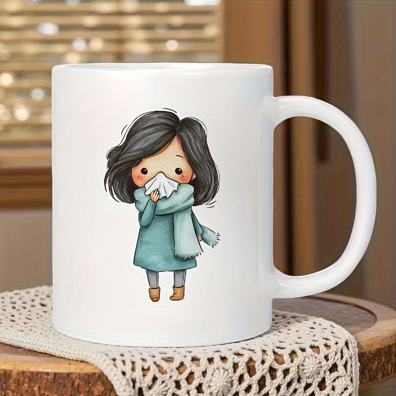 Tailorly White Ceramic 11 oz Mug - Cute Little Chibi Character Wearing Winter Clothes And Scarf Holding Tissue Girl