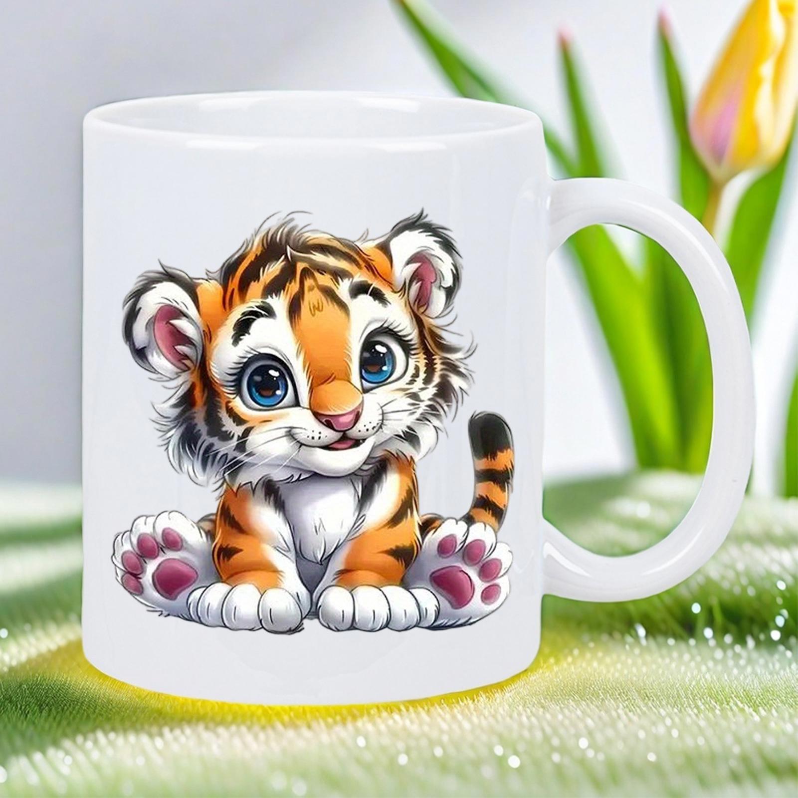 Tailorly White Ceramic 11 oz Mug - Adorable Sitting Cub With Large Blue Eyes And Beautiful Striped Fur Tiger