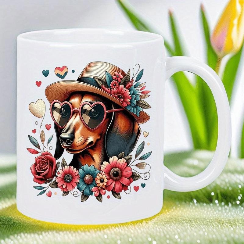 Tailorly White Ceramic 11 oz Mug - Stylish Brown Dog Wearing Heart Sunglasses And Floral Straw Hat Among Flowers Dachshund