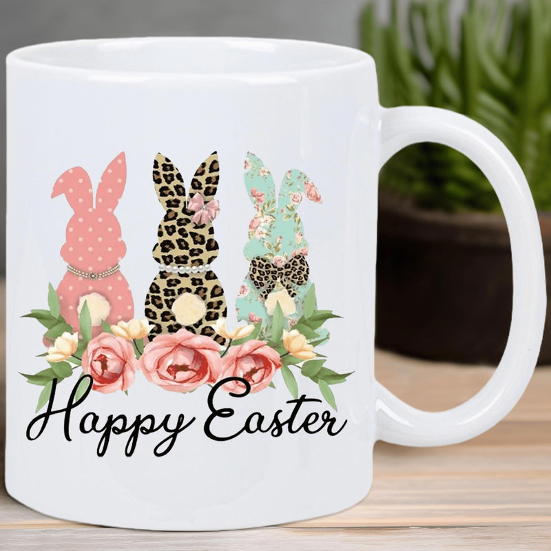 Tailorly White Ceramic 11 oz Mug - Happy Easter Three Patterned Rabbits Sitting Among Pink Roses For Spring Holiday Celebration Bunny