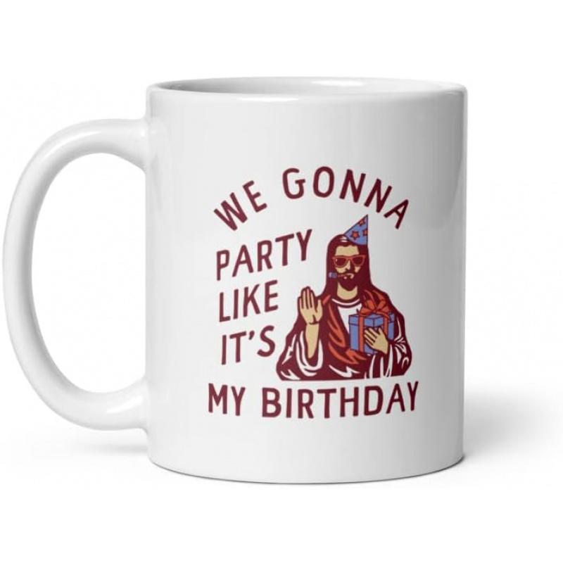 Tailorly White Ceramic 11 oz Mug - We Gonna Party Like It's My Birthday Festive Religious Figure Wearing Sunglasses And Party Hat Holding A Gift Jesus