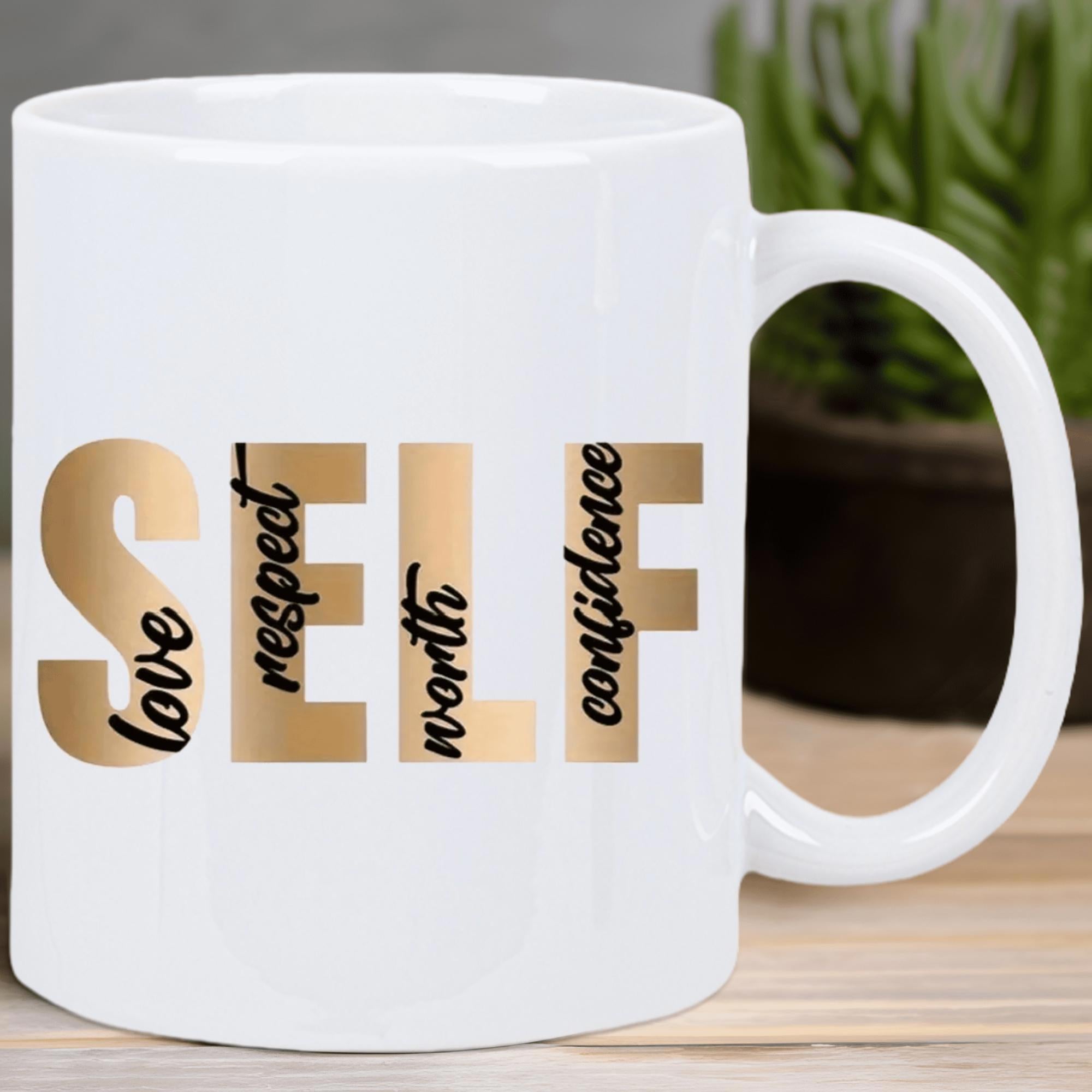 Tailorly White Ceramic 11 oz Mug - Love Respect Self Worth Confidence Golden Gradient Bold Letters With Overlaid Elegant Black Cursive Script Mug