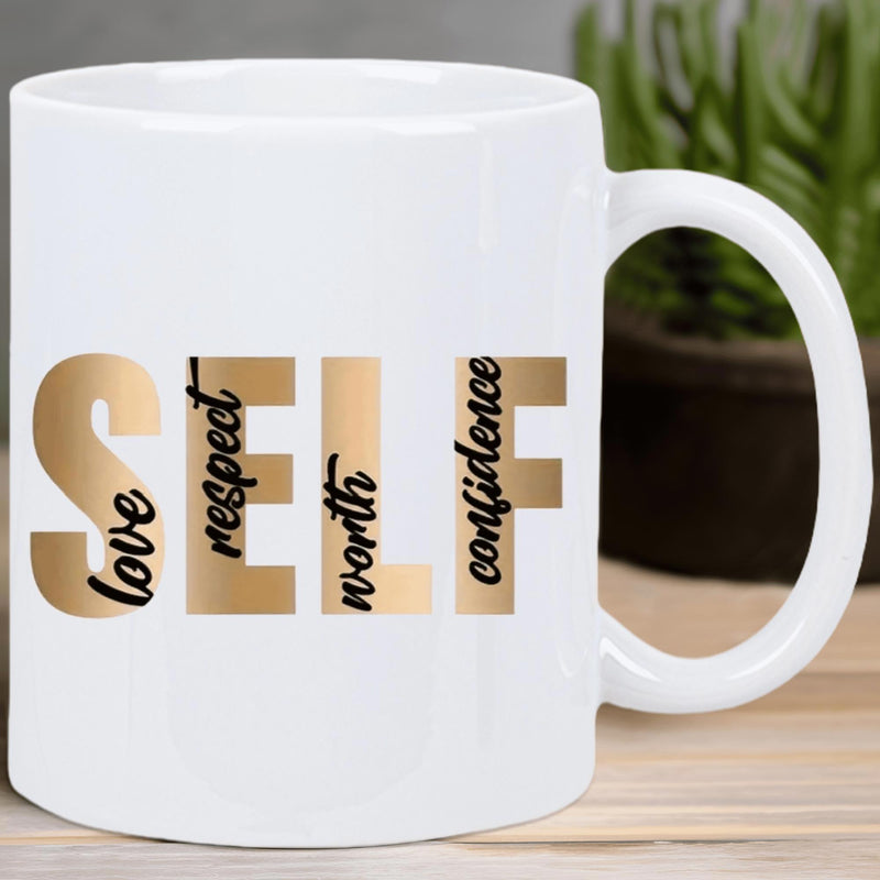 Tailorly White Ceramic 11 oz Mug - Love Respect Self Worth Confidence Golden Gradient Bold Letters With Overlaid Elegant Black Cursive Script Mug