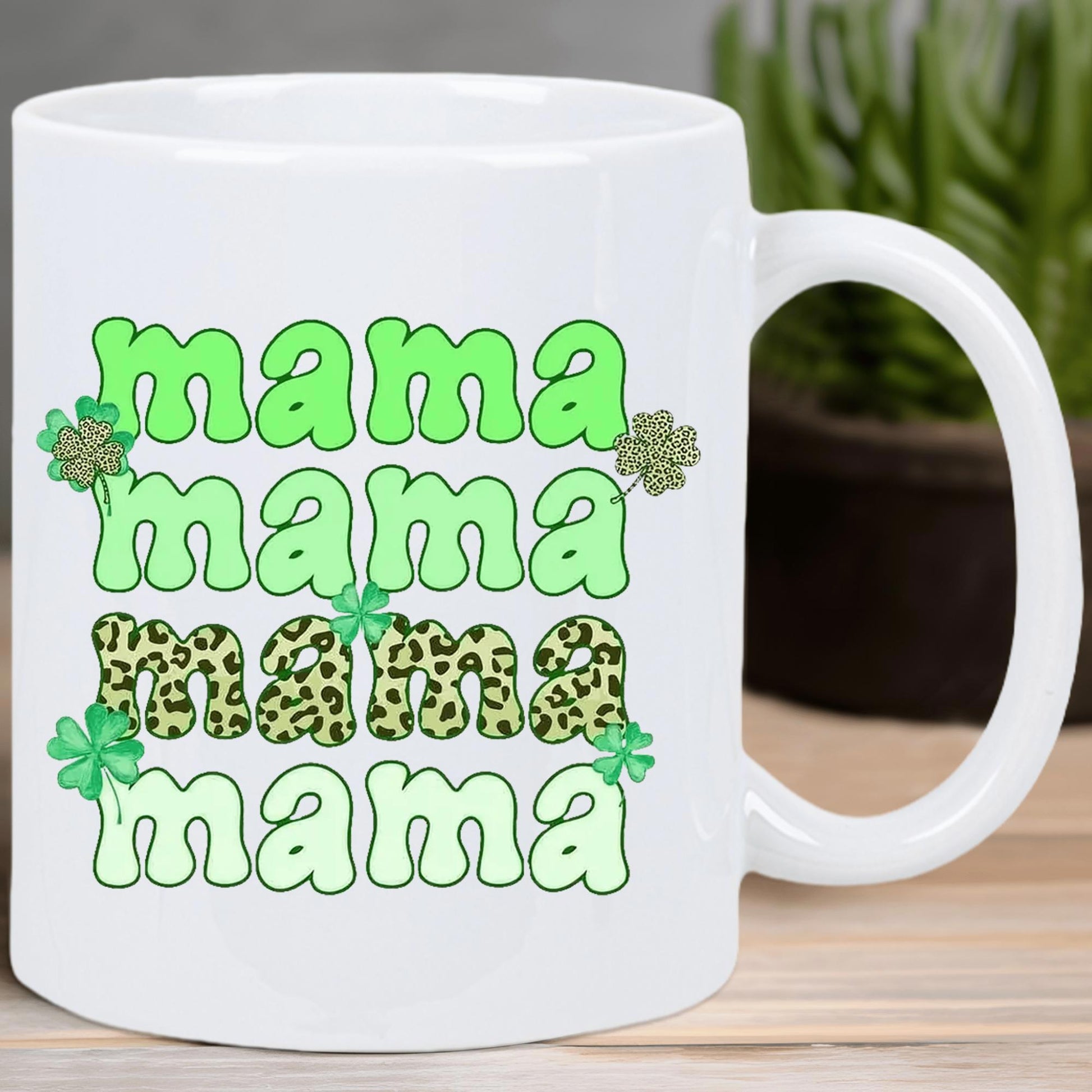 Tailorly White Ceramic 11 oz Mug - Mama St Patricks Day Inspired Pattern Featuring Retro Text And Green Shamrock Clover