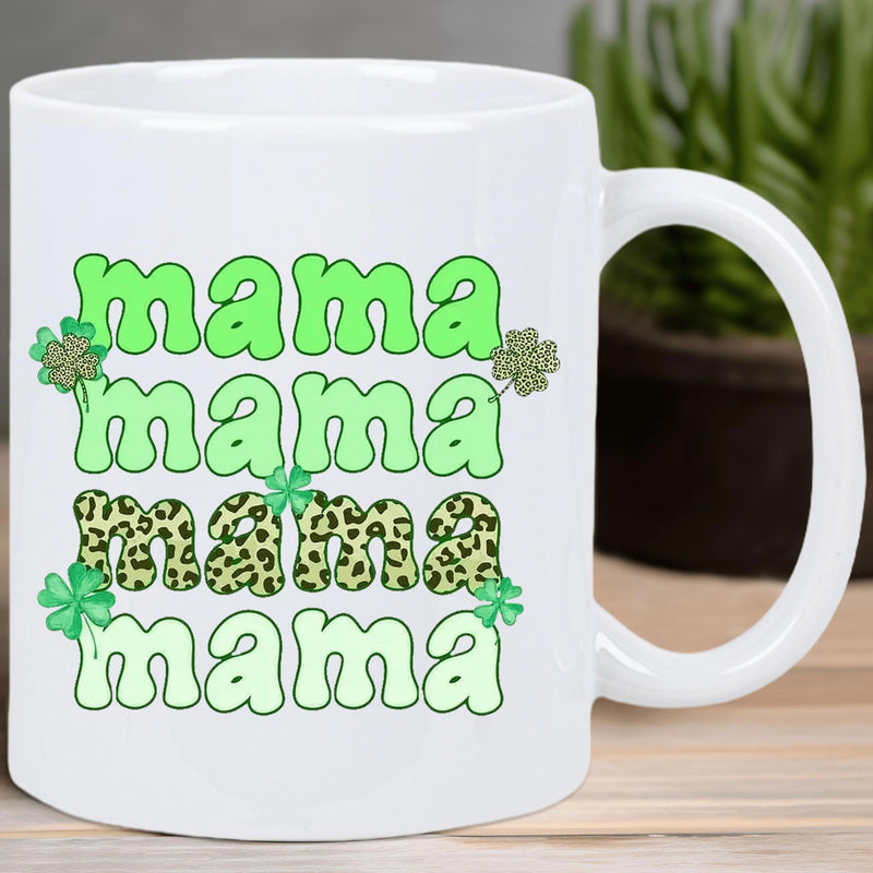 Tailorly White Ceramic 11 oz Mug - Mama St Patricks Day Inspired Pattern Featuring Retro Text And Green Shamrock Clover