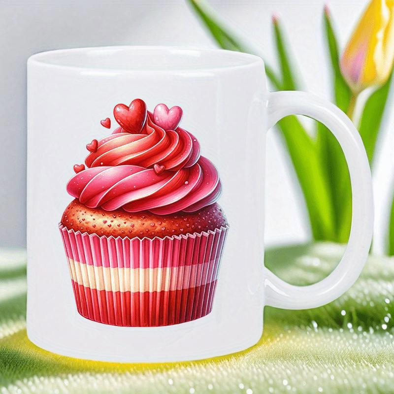 Tailorly White Ceramic 11 oz Mug - Delicious Red Frosting With Small Hearts Resting Atop A Baked Cupcake