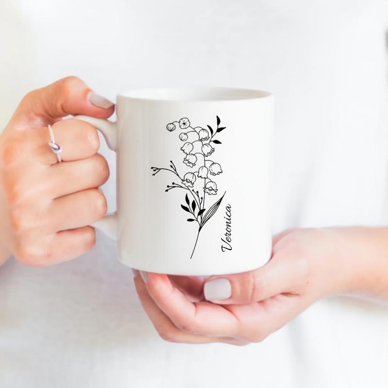 Tailorly White Ceramic 11 oz Mug - Veronica Minimalist Black Line Art Botanical Drawing With Delicate Blooming Bells Flower