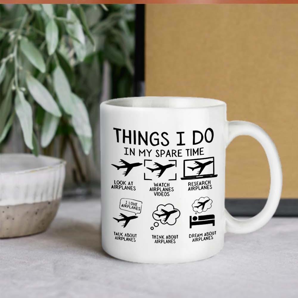 Tailorly White Ceramic 11 oz Mug - Things I Do In My Spare Time Minimalist Icons Showcasing Various Aviation Activities Among Simple Black Graphic Accents Airplane