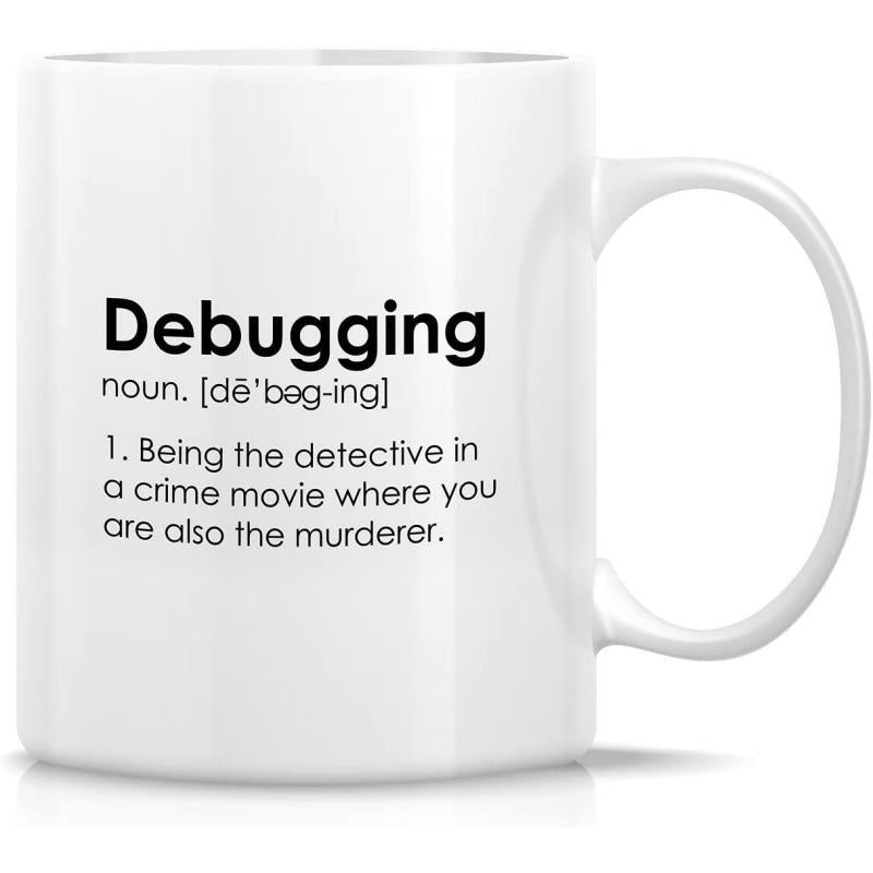 Tailorly White Ceramic 11 oz Mug - Debugging Noun Being The Detective In A Crime Movie Where You Are Also The Murderer Minimalist Typography Featuring Dictionary