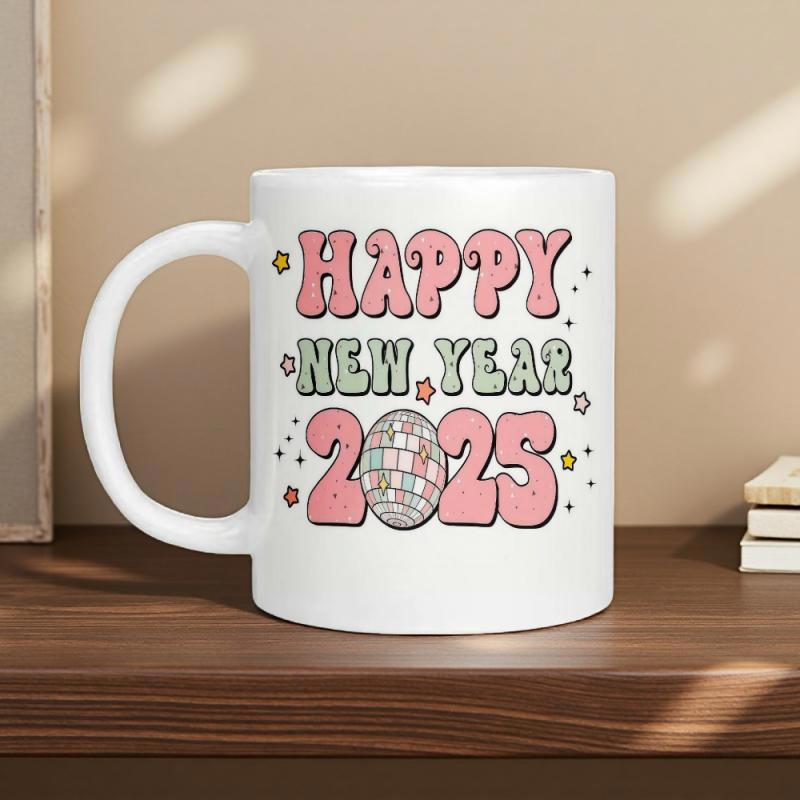 Tailorly White Ceramic 11 oz Mug - Happy New Year 2025 Festive Retro Shimmering Celebration Theme With Colorful Twinkling Stars Disco Ball