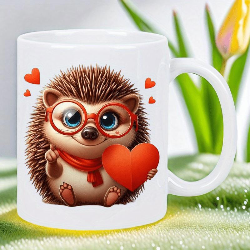 Tailorly White Ceramic 11 oz Mug - Cute Hedgehog Wearing Red Glasses And Scarf Holding A Large Heart Hedgehog