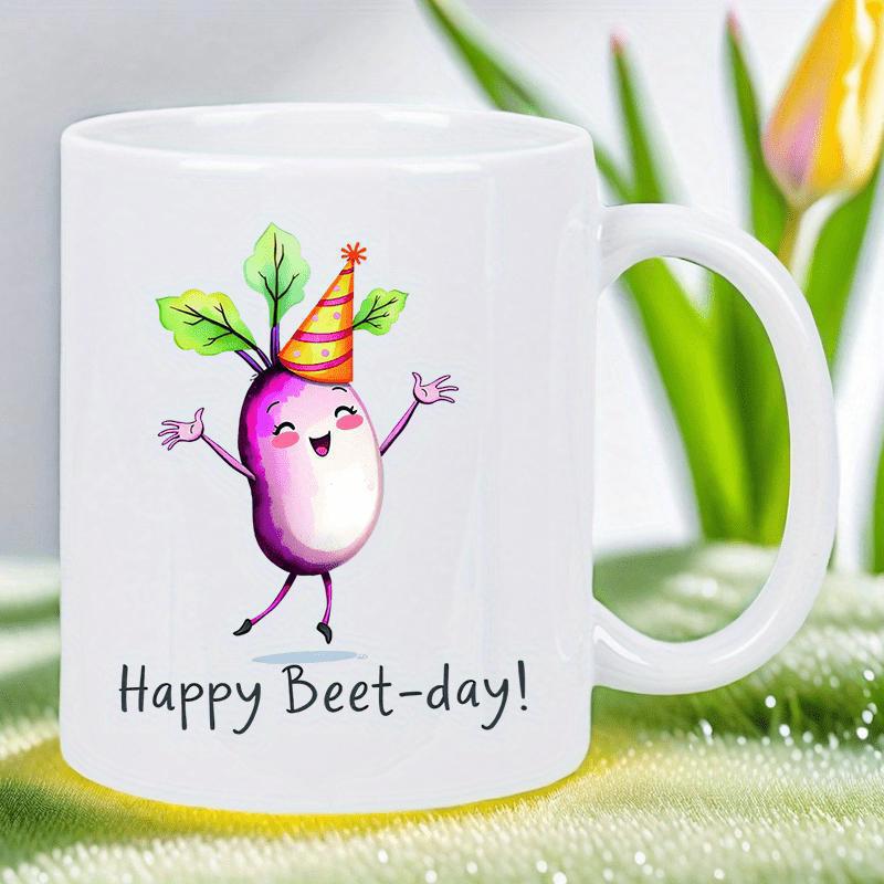 Tailorly White Ceramic 11 oz Mug - Happy Beetday Cute Whimsical Purple Watercolor Vegetable Wearing Festive Striped Orange Party Hat Beet