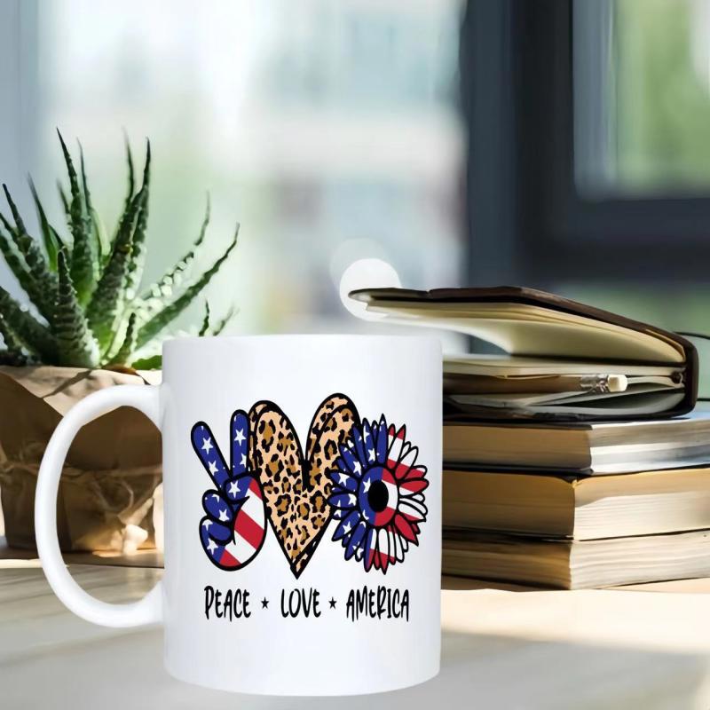 Tailorly White Ceramic 11 oz Mug - Peace Love America American Flag Pattern Combined With Leopard Print Heart And Sunflower