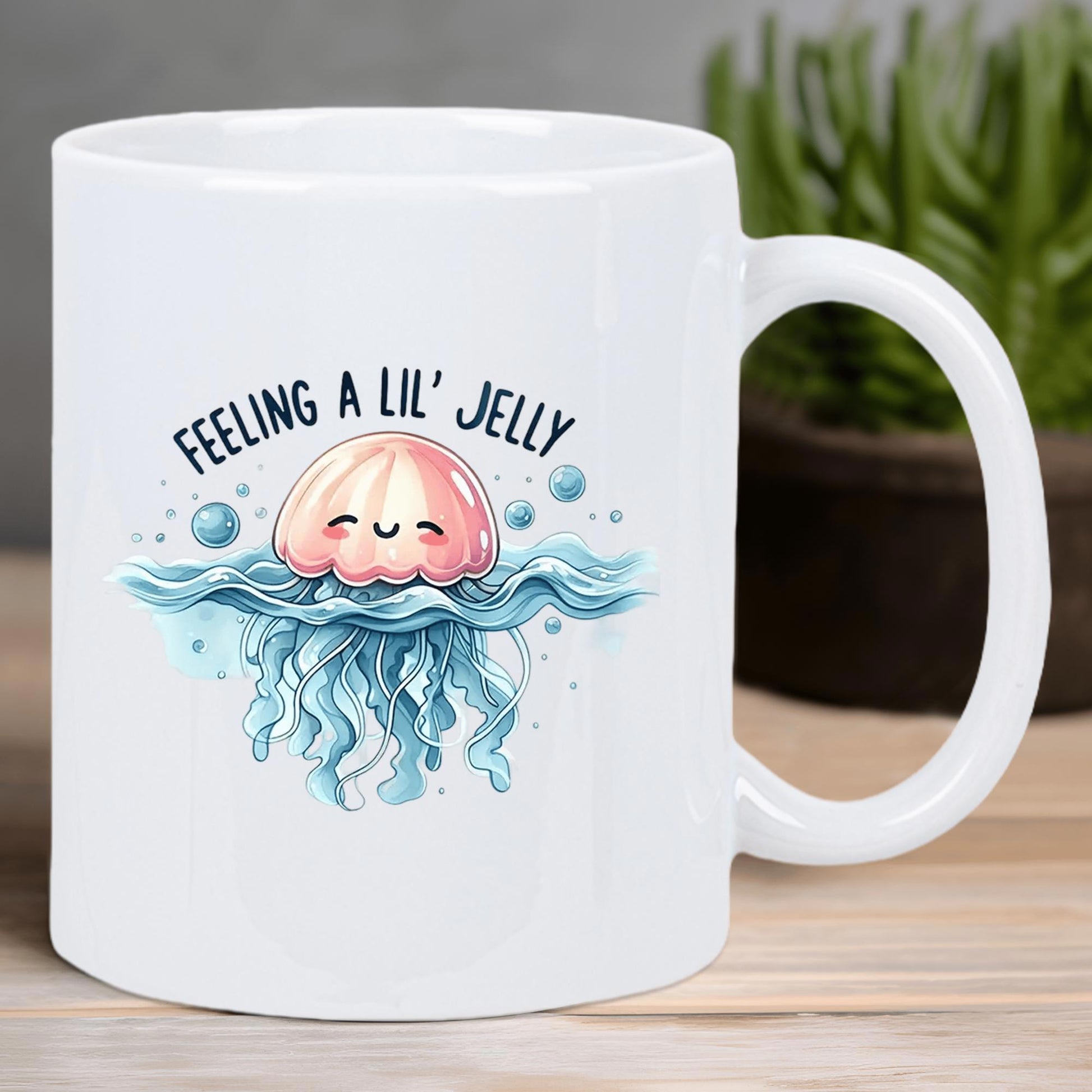 Tailorly White Ceramic 11 oz Mug - Feeling A Lil Jelly Cute Cartoon Character Floating Among Blue Waves And Soft Bubbles Jellyfish