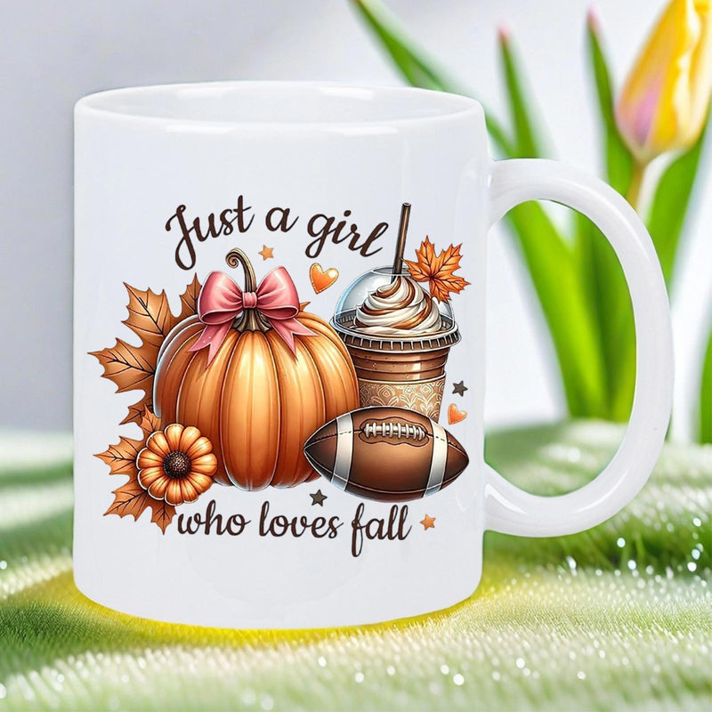 Tailorly White Ceramic 11 oz Mug - Just A Girl Who Loves Fall Festive Autumn Harvest Elements With Coffee And Football Pumpkin