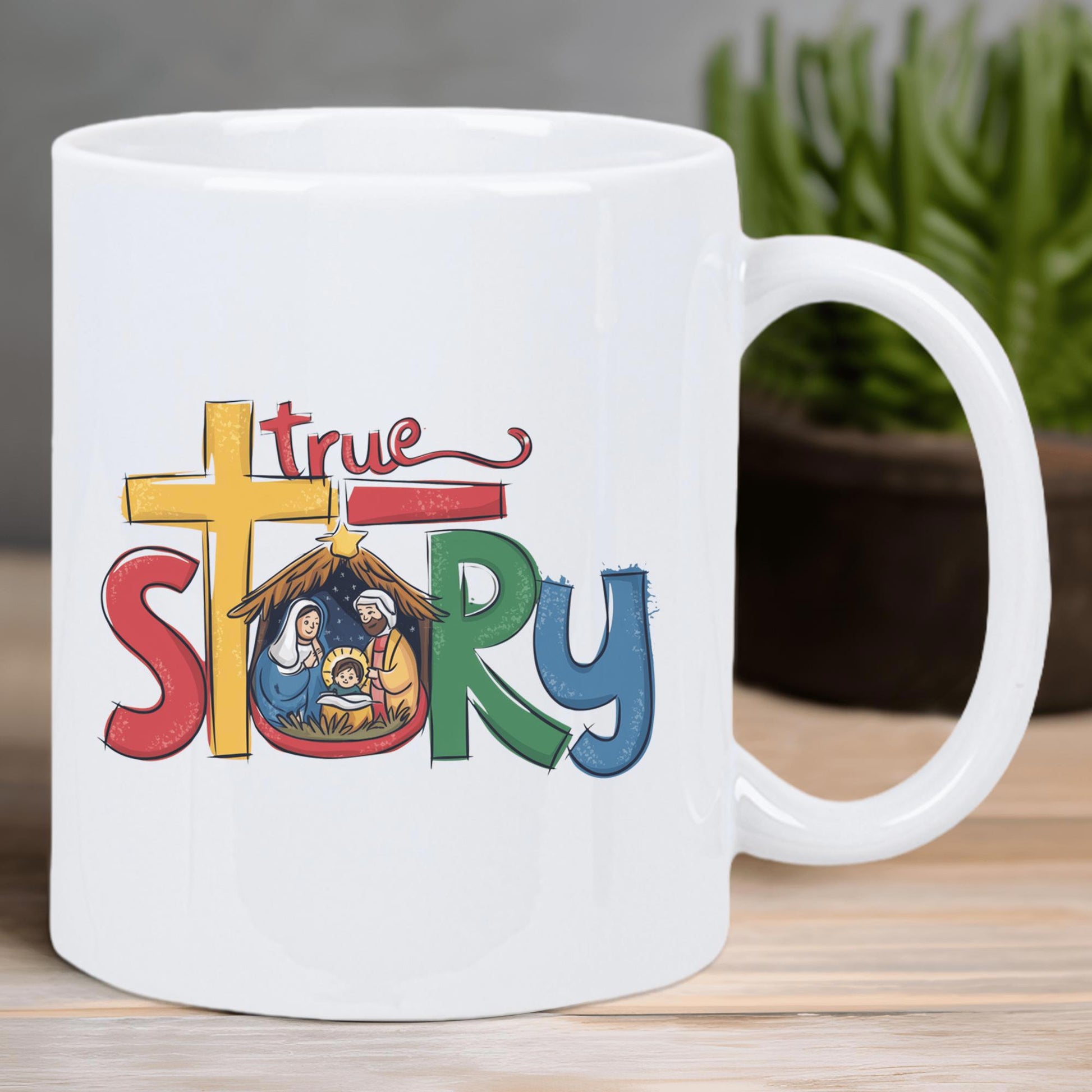 Tailorly White Ceramic 11 oz Mug - True Story Colorful Religious Manger Scene With Holy Family Under Golden Cross Nativity