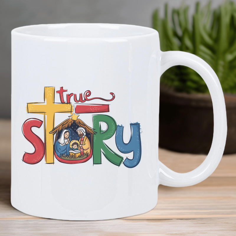 Tailorly White Ceramic 11 oz Mug - True Story Colorful Religious Manger Scene With Holy Family Under Golden Cross Nativity