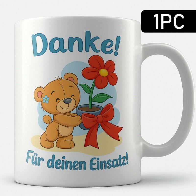 Tailorly White Ceramic 11 oz Mug - Cute Smiling Brown Teddy Bear Holding Potted Red Flower Decorative Bear