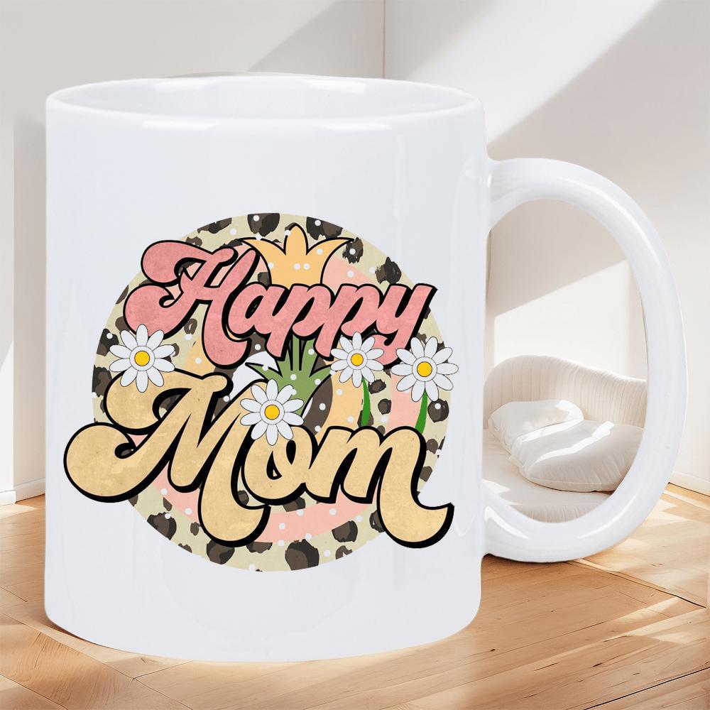 Tailorly White Ceramic 11 oz Mug - Happy Mom Retro Groovy Circle With Leopard Spots And Blooming Daisies Mug