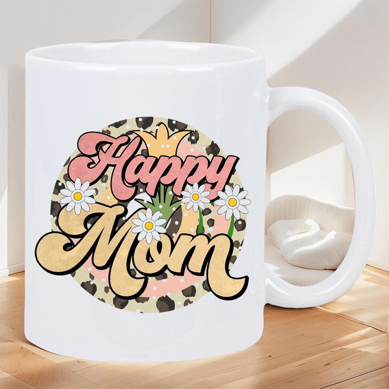 Tailorly White Ceramic 11 oz Mug - Happy Mom Retro Groovy Circle With Leopard Spots And Blooming Daisies Mug