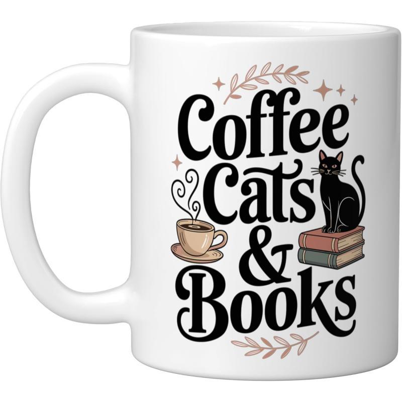 Tailorly White Ceramic 11 oz Mug - Coffee Cats Books Adorable Black Cat Sitting On Stacked Books Next To Steaming Coffee Cat