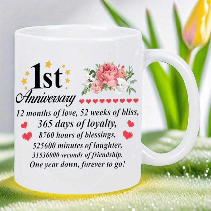 Tailorly White Ceramic 11 oz Mug - 1st Anniversary One Year Down Forever To Go Elegant Pink Roses Blooming With Greenery Among Floating Hearts And Stars Mug