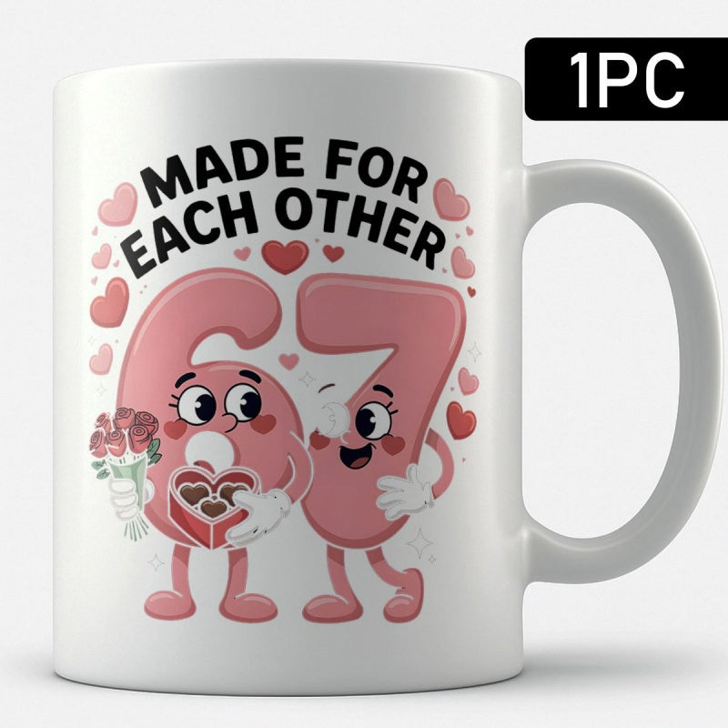 Tailorly White Ceramic 11 oz Mug - Made For Each Other Adorable Pink Number Characters Surrounded By Floating Hearts Holding Flowers And Chocolate Numbers