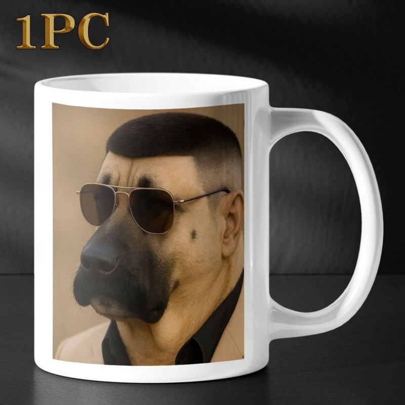 Tailorly White Ceramic 11 oz Mug - Funny Anthropomorphic Canine Wearing Aviator Sunglasses And Suit With Stylish Haircut Dog