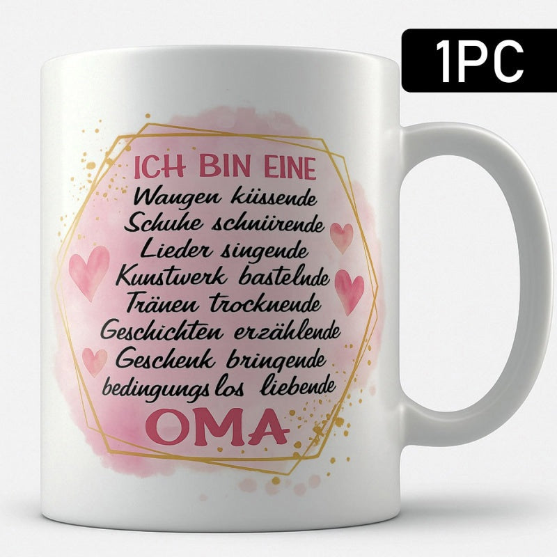 Tailorly White Ceramic 11 oz Mug - Pink Watercolor Splash With Golden Geometric Frame And Scattered Small Hearts Heart