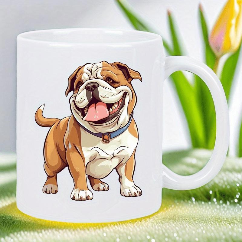 Tailorly White Ceramic 11 oz Mug - Adorable Cartoon Bulldog Standing Proudly With Tongue Out And Blue Collar Bulldog