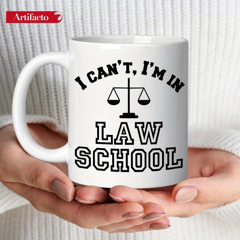 Tailorly White Ceramic 11 oz Mug - I Cant Im In Law School Classic Minimalist Black Graphic Depicting Symmetrical Legal Balance Scales