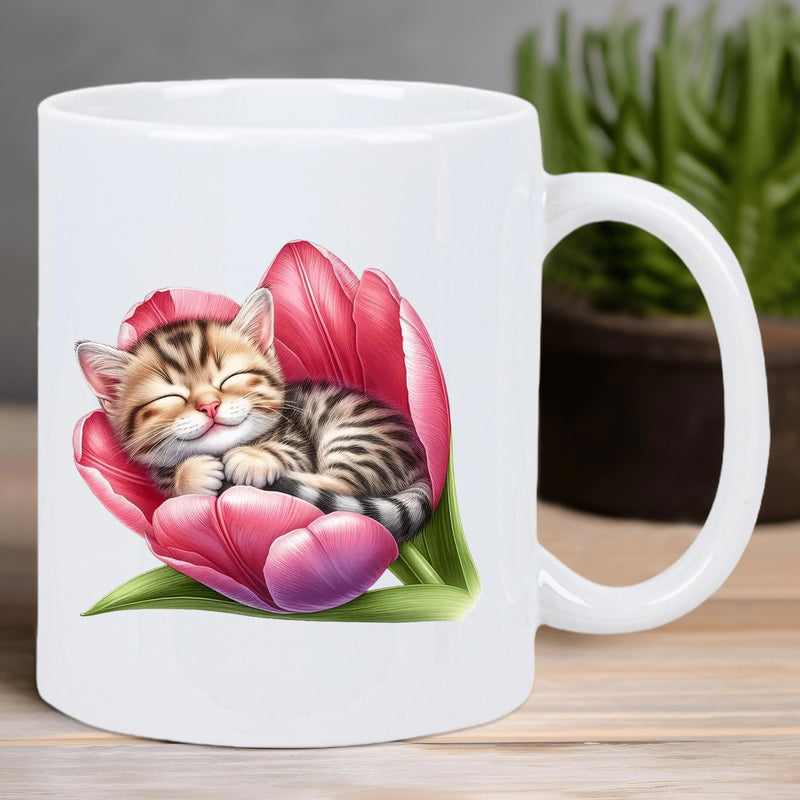 Tailorly White Ceramic 11 oz Mug - Adorable Tiny Tabby Kitten Sleeping Peacefully Inside A Vibrant Pink Blooming Tulip