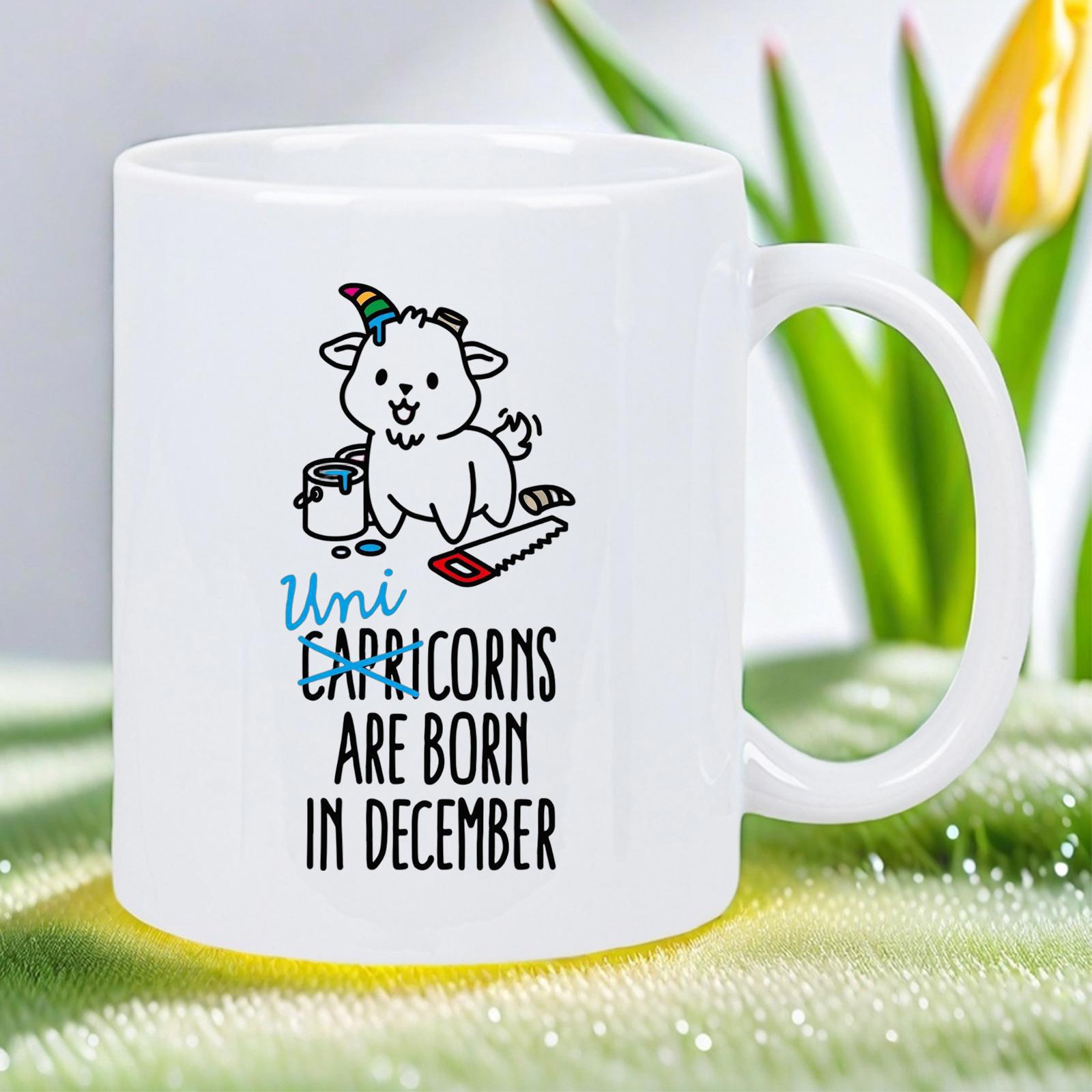 Tailorly White Ceramic 11 oz Mug - Uni Capricorns Are Born In December Adorable Little Unigoat Character Featuring Rainbow Horn And Woodworking Tools Goat
