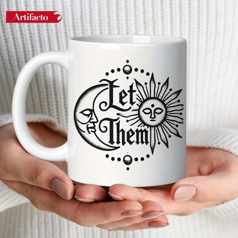 Tailorly White Ceramic 11 oz Mug - Let Them Celestial Crescent Moon And Radiant Sun With Mystical Human Faces Sun