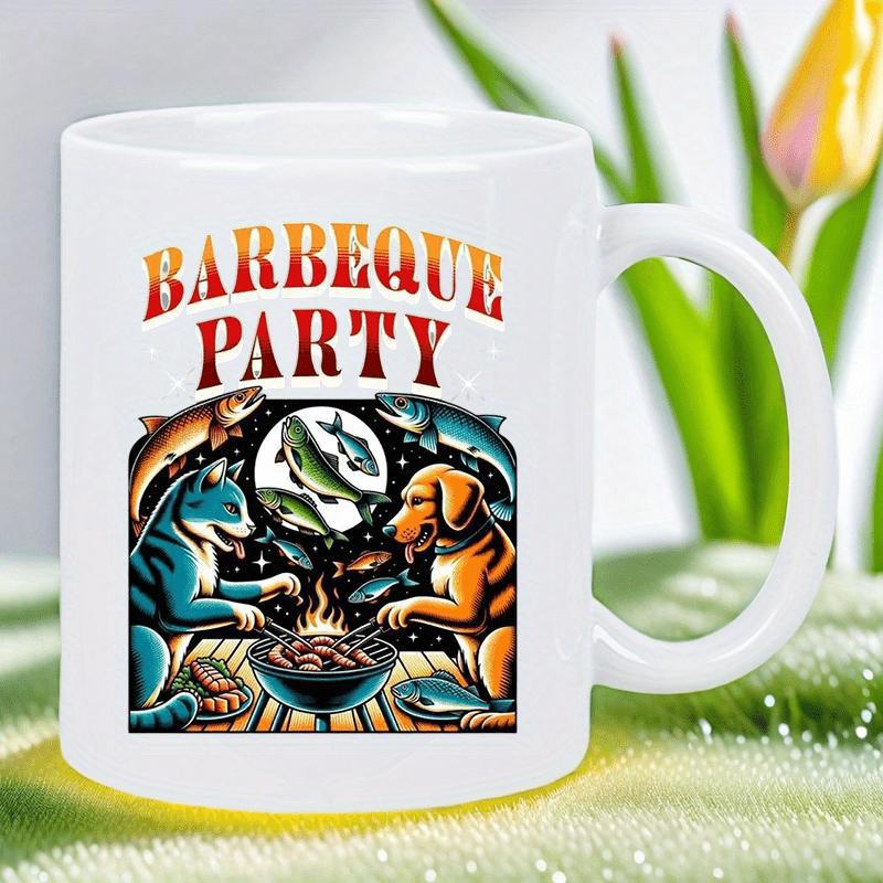 Tailorly White Ceramic 11 oz Mug - Barbeque Party Playful Cat And Dog Cooking Fish Over Flaming Outdoor Grill