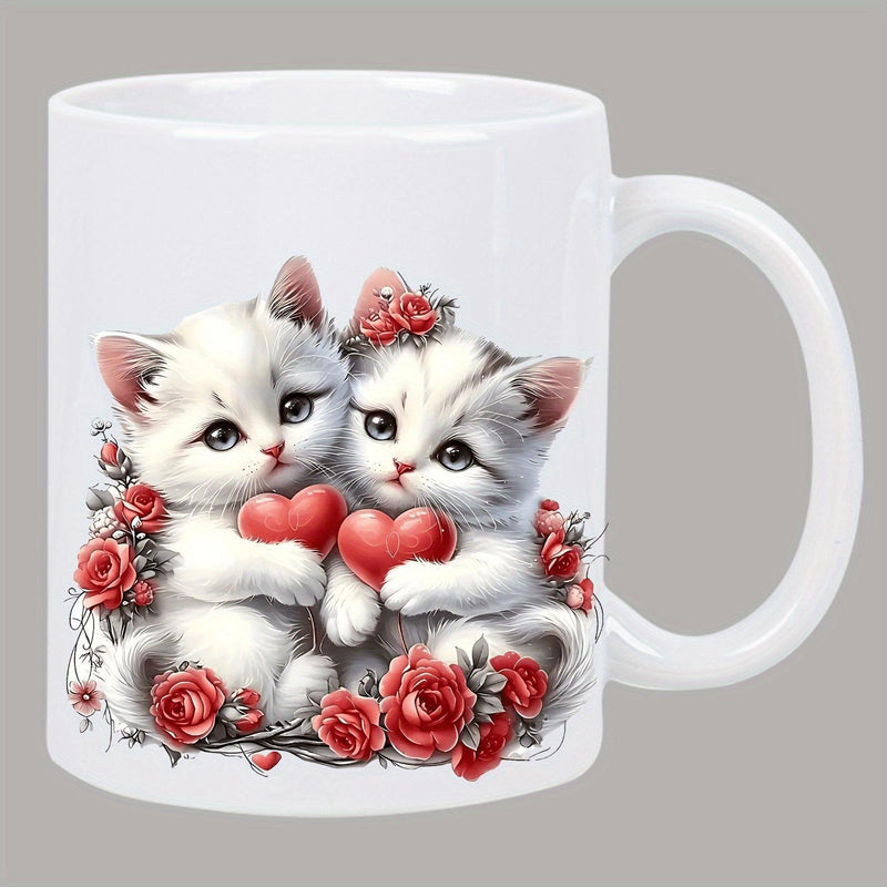 Tailorly White Ceramic 11 oz Mug - Two Adorable White Fluffy Creatures Holding Red Hearts Among Blooming Roses Kittens