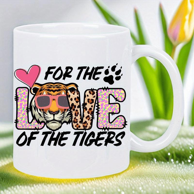 Tailorly White Ceramic 11 oz Mug - For The Love Of The Tigers Cool Feline Wearing Sunglasses Surrounded By Pink Heart And Paw Prints Tiger